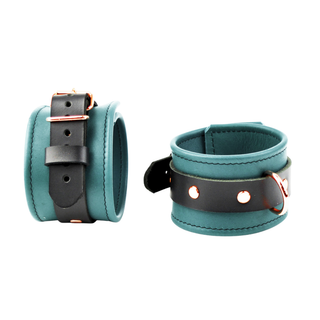 Premium Teal Green & Rose Gold BDSM Leather Restraint Set - Wrist & Ankle Cuffs and Collar