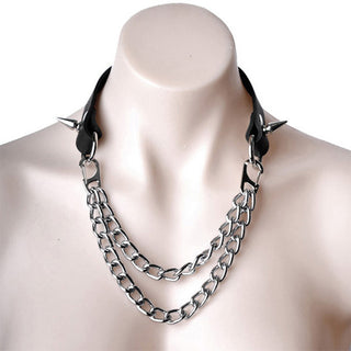 Black Leather & Dual Steel Chain Collar with Spikes | Bondage Chain Collar