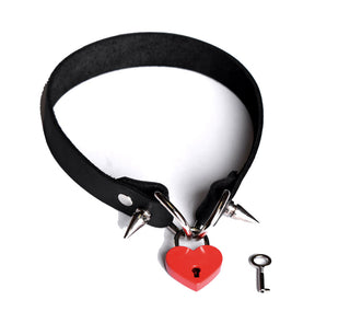 Black Leather Choker with Red Love Heart Padlock and Steel Spikes