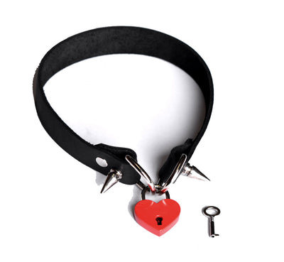 Black Leather Choker with Red Love Heart Padlock and Steel Spikes