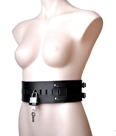 Heavy Duty Locking Leather Bondage Waist Trainer With Padlock - Black