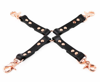 Premium Black Leather Restraint Set - Wrist & Ankle Cuffs, Collar, Cross Connector, Snap Hooks & Rose Gold Padlocks