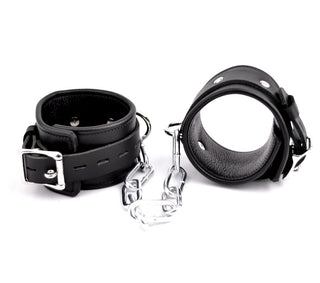 Black Leather & Steel Chains Premium Restraint Set - Wrist & Ankle Cuffs, Collar and Leash