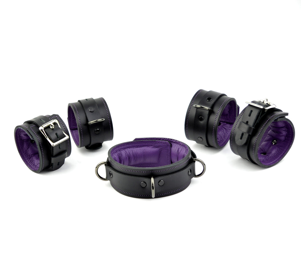 Premium Padded Restraint Set Wrist/Ankle Cuffs & Collar - Black And Pu ...