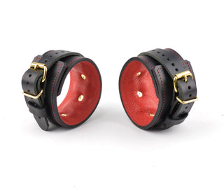 PREMIUM BDSM Leather Restraint Set | Americana Red & Gold | Set of Wrist Ankle Cuffs and Collar