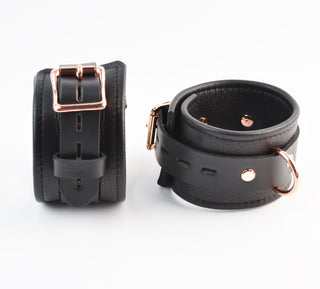 Premium Black Leather Restraint Set - Wrist & Ankle Cuffs, Collar, Cross Connector, Snap Hooks & Rose Gold Padlocks