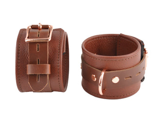 Brown Leather & Rose Gold Restraint Set - Wrist & Ankle Cuffs, Collar, Cross Connector, Snap Hooks & Rose Gold Padlocks