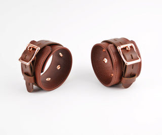 Brown Leather & Rose Gold Restraint Set - Wrist & Ankle Cuffs, Collar, Cross Connector, Snap Hooks & Rose Gold Padlocks