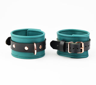 Premium Emerald Green & Rose Gold BDSM Leather Restraint Set - Wrist & Ankle Cuffs and Collar