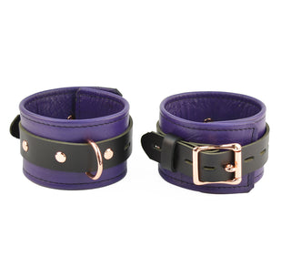 Purple Leather & Rose Gold Restraint Set - Wrist & Ankle Cuffs, Collar, Cross Connector, Snap Hooks & Rose Gold Padlocks
