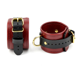 Premium Restraint Set Wrist-Ankle Cuffs And Collar + Cross Connector - Scarlet Red and Gold