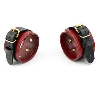 Premium Restraint Set Wrist-Ankle Cuffs And Collar + Cross Connector - Scarlet Red and Gold