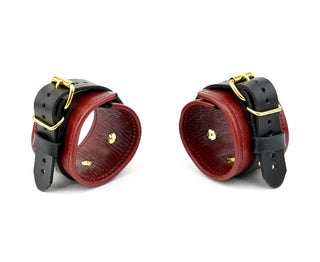 Premium Restraint Set Wrist-Ankle Cuffs And Collar + Cross Connector - Scarlet Red and Gold