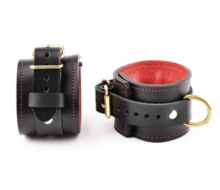 PREMIUM BDSM Leather Restraint Set | Americana Red & Gold | Set of Wrist Ankle Cuffs and Collar