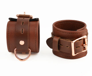 Brown Leather & Rose Gold Restraint Set - Wrist & Ankle Cuffs, Collar, Cross Connector, Snap Hooks & Rose Gold Padlocks