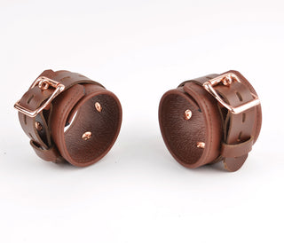 Brown Leather & Rose Gold Restraint Set - Wrist & Ankle Cuffs, Collar, Cross Connector, Snap Hooks & Rose Gold Padlocks