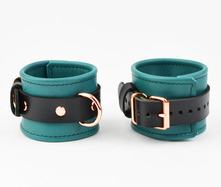 Premium Emerald Green & Rose Gold BDSM Leather Restraint Set - Wrist & Ankle Cuffs and Collar