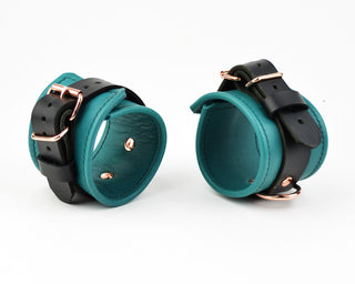Premium Emerald Green & Rose Gold BDSM Leather Restraint Set - Wrist & Ankle Cuffs and Collar