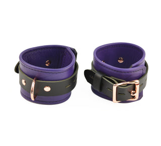 Purple Leather & Rose Gold Restraint Set - Wrist & Ankle Cuffs, Collar, Cross Connector, Snap Hooks & Rose Gold Padlocks