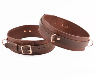 Premium Lockable Thigh Cuffs Triple Layer Leather - Brown & Rose Gold