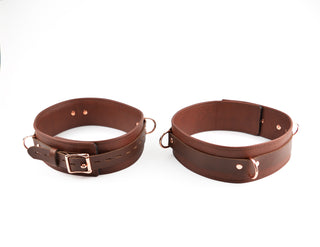 Premium Brown Leather & Rose Gold Restraint Set - Wrist, Ankle & Thigh Cuffs, Collar, Cross Connector, Snap Hooks & Rose Gold Padlocks