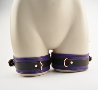 Premium Purple Leather & Rose Gold Restraint Set - Wrist, Ankle & Thigh Cuffs, Collar, Cross Connector, Snap Hooks & Rose Gold Padlocks