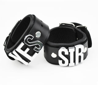Black & Silver Leather Wrist Cuffs - 'Yes Sir' | BDSM Cuffs