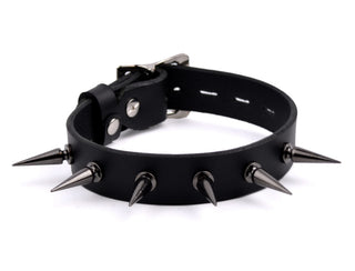 Black Leather Collar With Gunmetal Grey Spikes