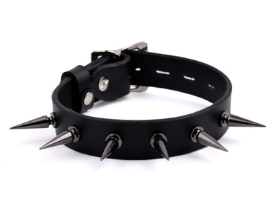Black Leather Collar With Gunmetal Grey Spikes