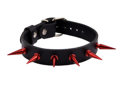Black Leather Collar With Metallic Red Spikes | Spike BDSM Collar