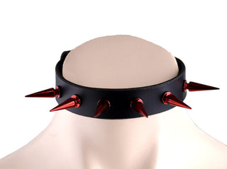 Black Leather Collar With Metallic Red Spikes