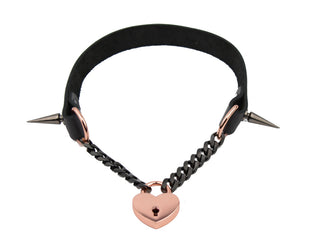 Black Leather & Chain Aurum Collar with Spikes & Love Heart Padlock