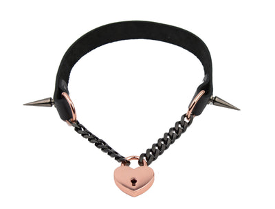 Black Leather & Chain Aurum Collar with Spikes & Love Heart Padlock