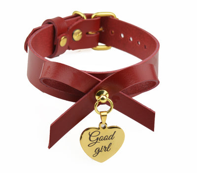 Americana Red and Gold Leather Collar With Bow and Custom Engraved Love Heart Pendant