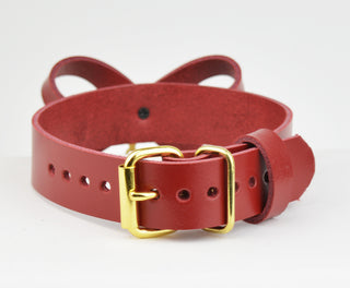 Americana Red and Gold Leather Collar With Bow and Custom Engraved Love Heart Pendant