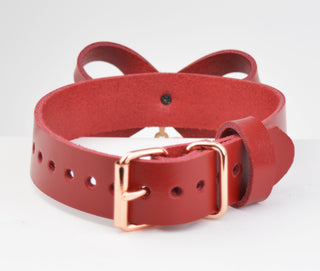 Americana Red and Gold Leather Collar With Bow and Custom Engraved Love Heart Pendant