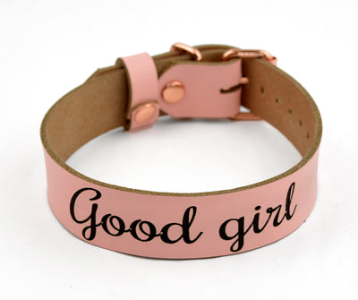 Custom Engraved Blush Pink Leather & Rose Gold Collar – 'Good girl'