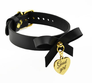 Black and Gold Leather Collar With Bow and Custom Engraved Love Heart Pendant