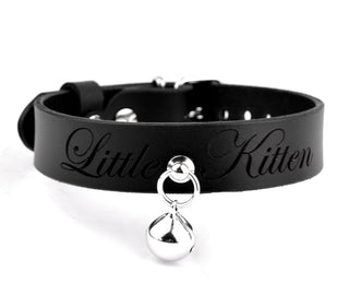 Custom Engraved Black Leather Collar with Kitten Bell – 'Little Kitten'