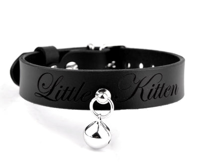 Custom Engraved Black Leather Collar with Kitten Bell – 'Little Kitten'
