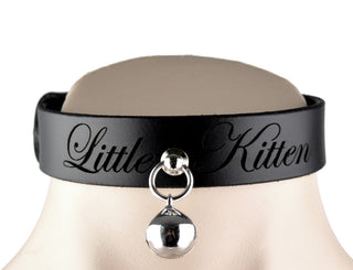 Custom Engraved Black Leather Collar with Kitten Bell – 'Little Kitten'