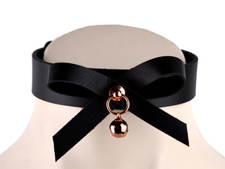 Black Leather Collar With Bow & Rose Gold Kitten Bell