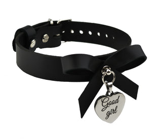 Black Leather Collar With Bow and Custom Engraved Silver (Steel) Love Heart Pendant
