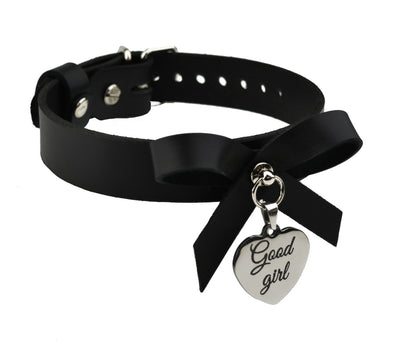 Black Leather Collar With Bow and Custom Engraved Silver (Steel) Love Heart Pendant