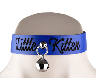 Custom Engraved Blue Leather Collar with Kitten Bell – 'Little Kitten'