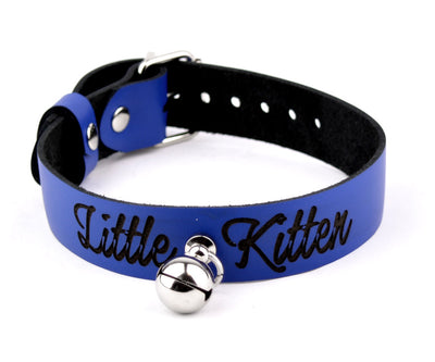 Mercy Industry | Custom Engraved Blue Leather Collar with Kitten Bell – 'Little Kitten'