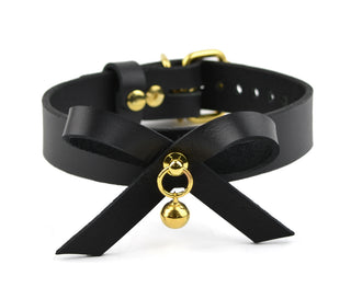 Black Leather Collar With Bow & Kitten Bell | BDSM Collar