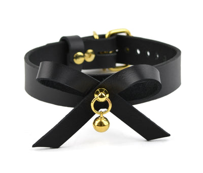 Black Leather Collar With Bow & Kitten Bell | BDSM Collar