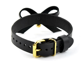 Black Leather Collar With Bow & Gold Kitten Bell
