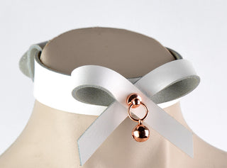 White Leather Aurum Collar With Bow & Rose Gold Kitten Bell